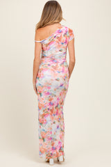 Floral One Shoulder Side Slit Maternity Maxi Dress
