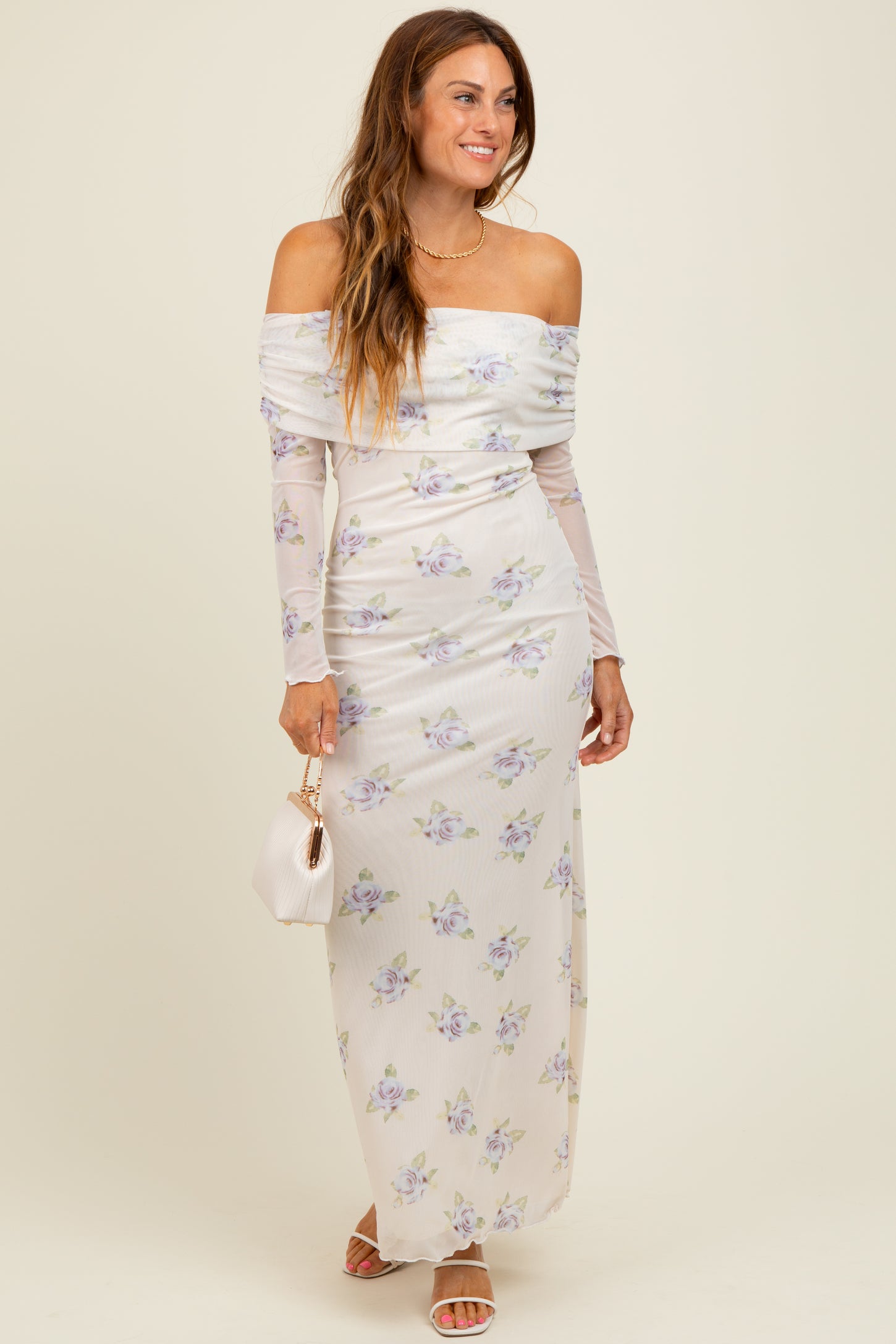 Ivory Floral Mesh Off Shoulder Foldover Maxi Dress