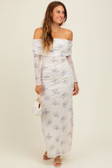 Ivory Floral Mesh Off Shoulder Foldover Maxi Dress