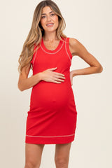 Red Contrast Stitch Sleeveless Maternity Mini Dress