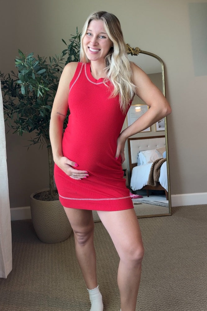 Red Contrast Stitch Sleeveless Maternity Mini Dress