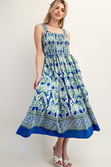 Royal Blue Floral Sleeveless Smocked Midi Dress