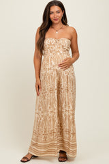 Light Mocha Printed Strapless Front Tie Maternity Jumpsuit