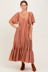 Rust Flutter Sleeve Ruffle Hem Midi Dress