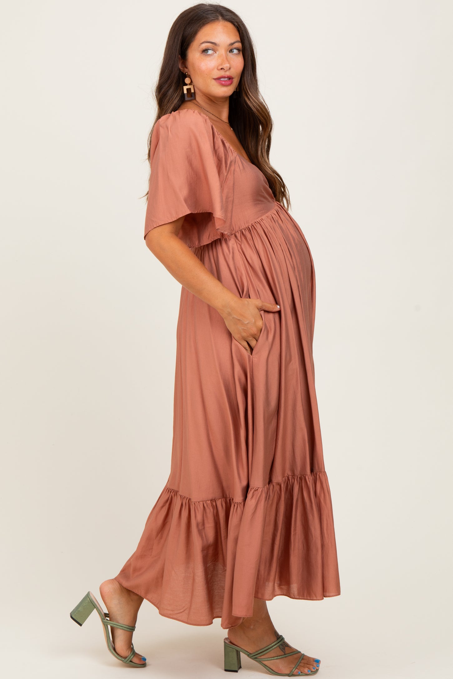 Rust Flutter Sleeve Ruffle Hem Maternity Midi Dress