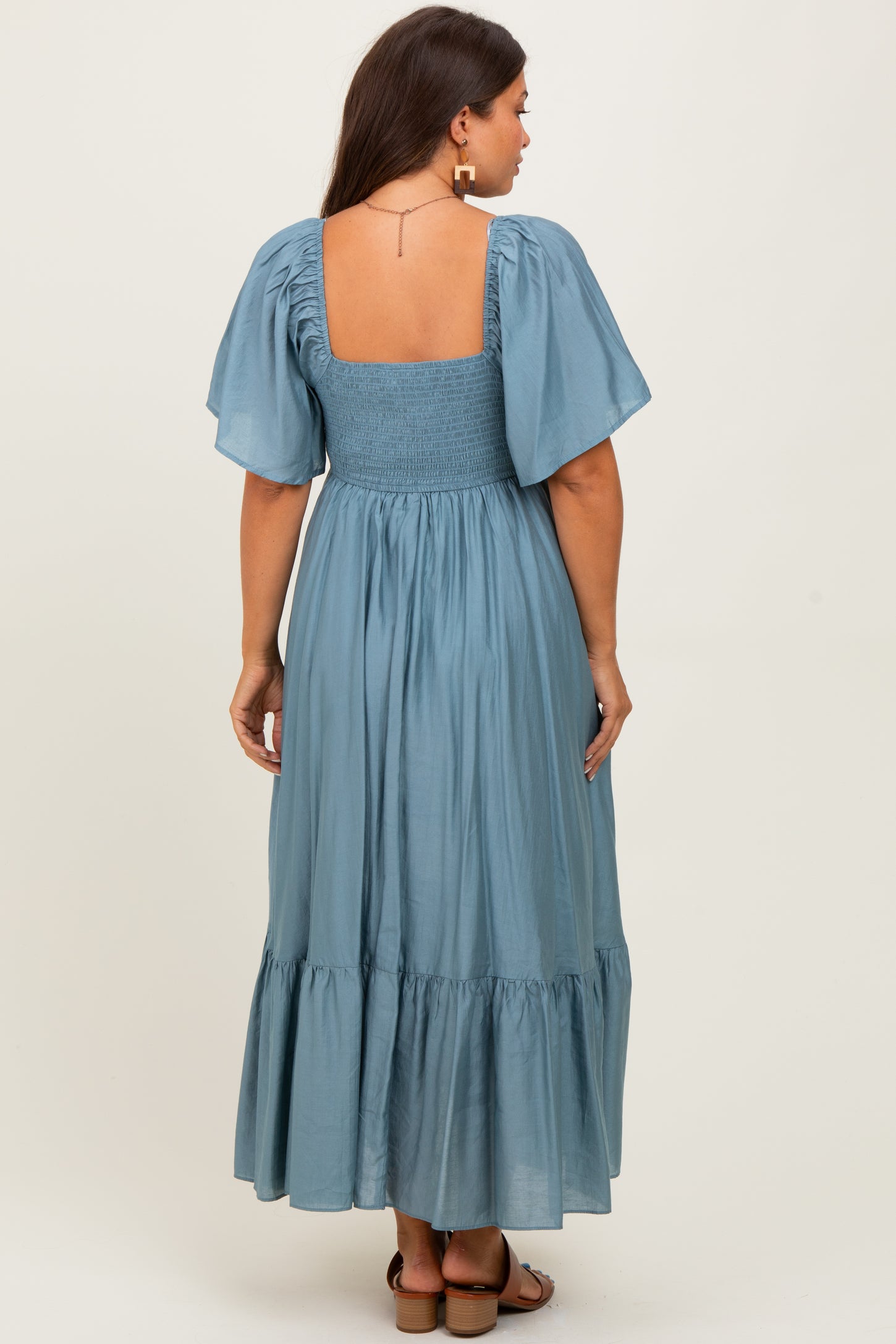 Blue Flutter Sleeve Ruffle Hem Maternity Midi Dress