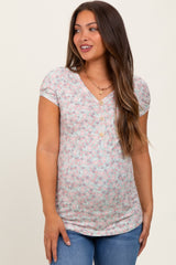 Light Olive Floral Button Detail Short Sleeve Maternity Top