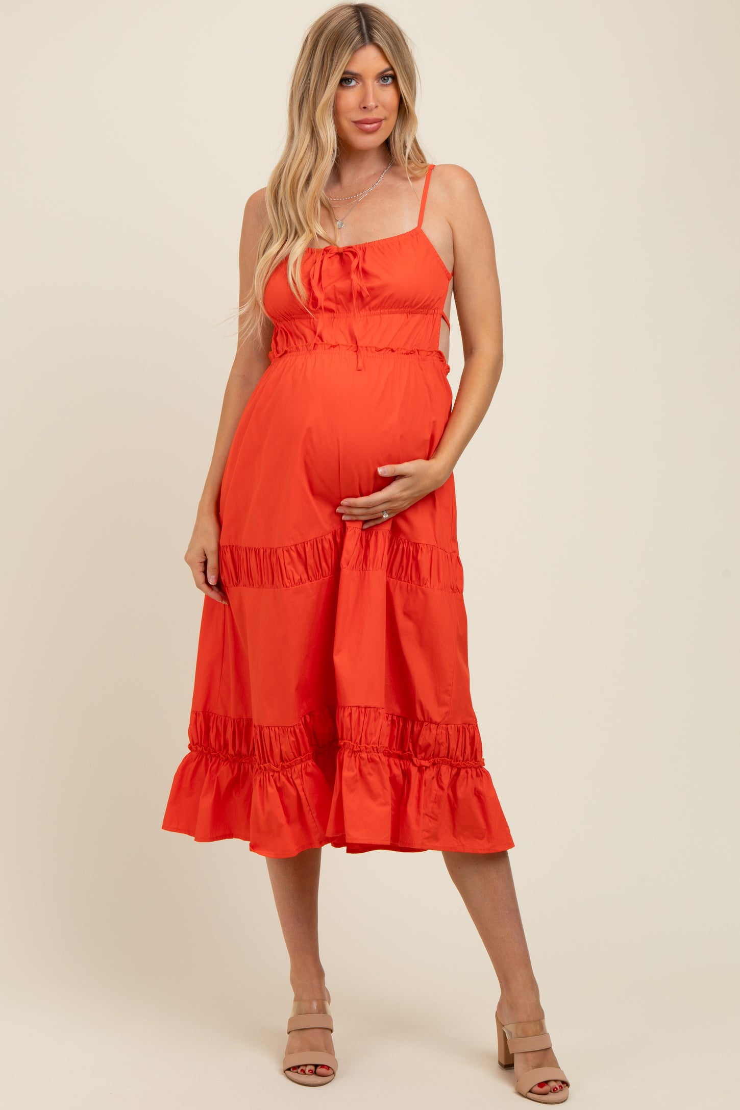 Coral Ruffle Accent Backless Tie Detail Maternity Midi Dress