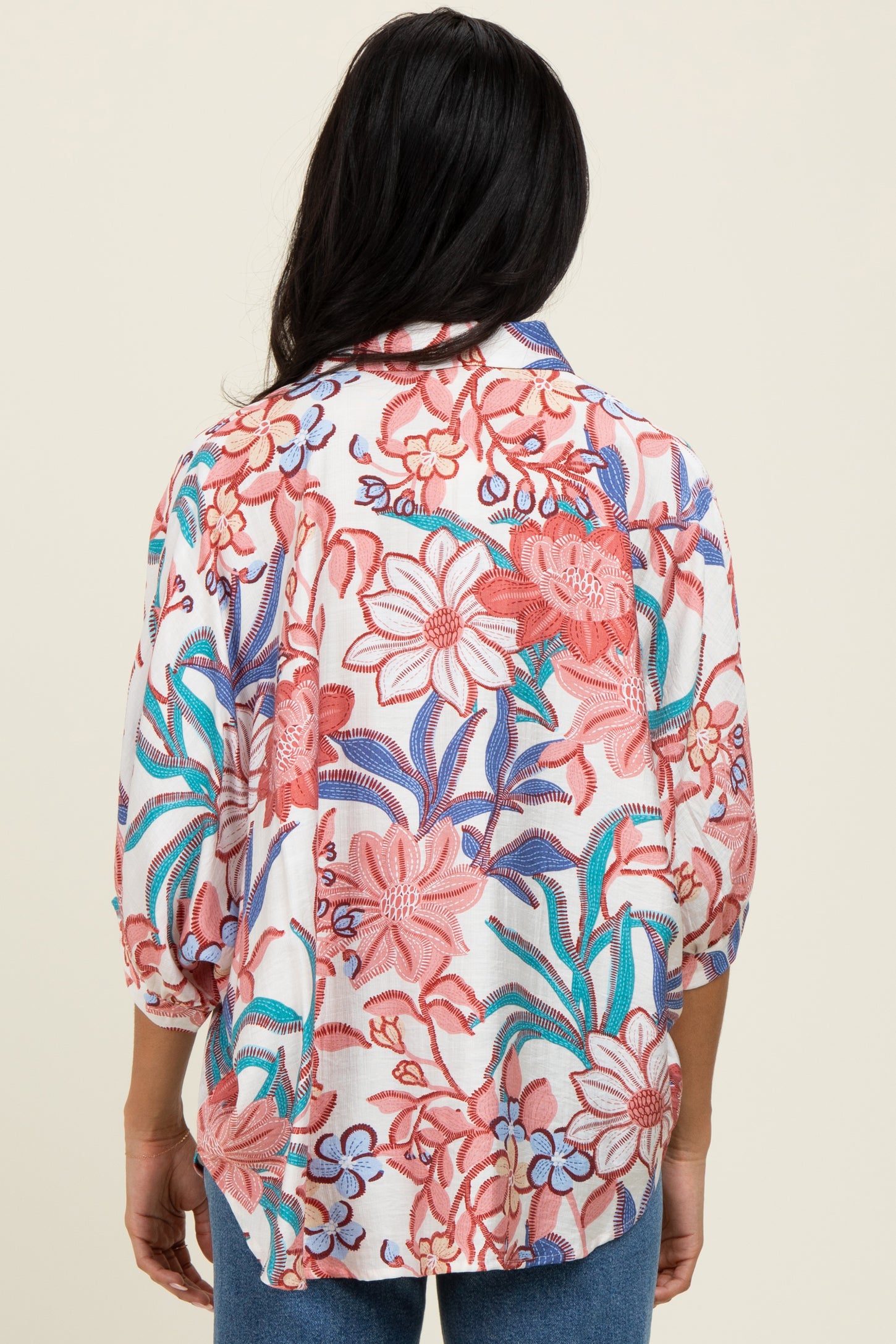 Pink Floral Embroidered Oversized Short Sleeve Blouse