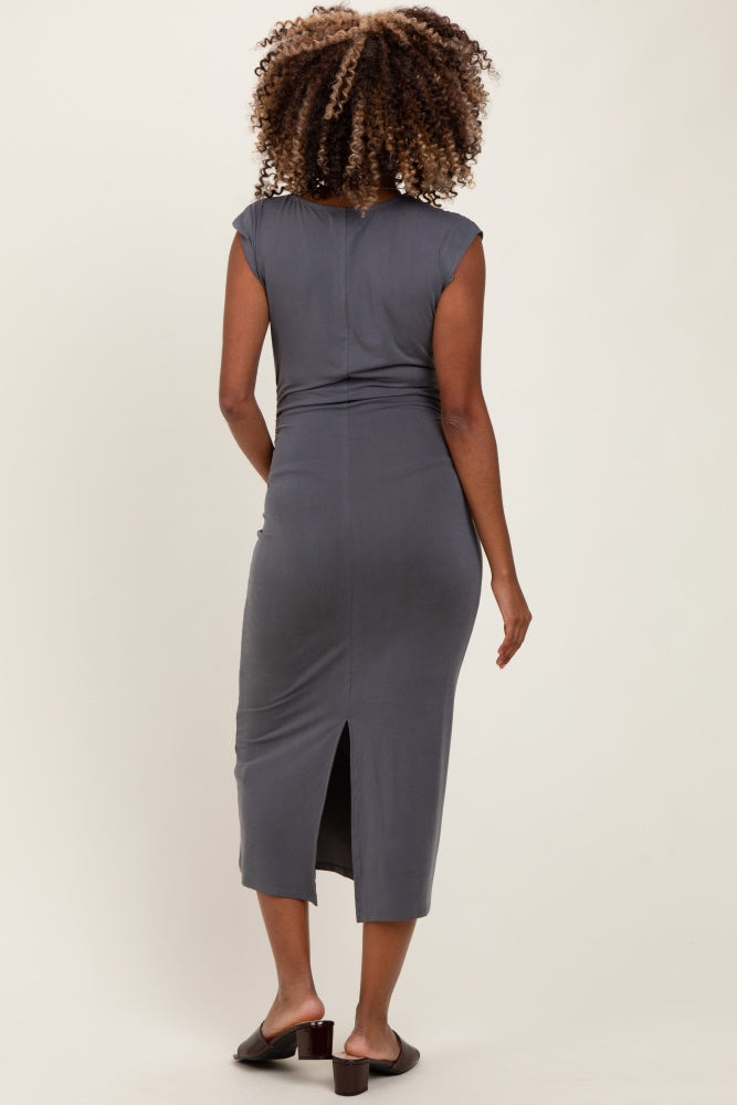 Charcoal Sleeveless Side Ruched Maternity Midi Dress