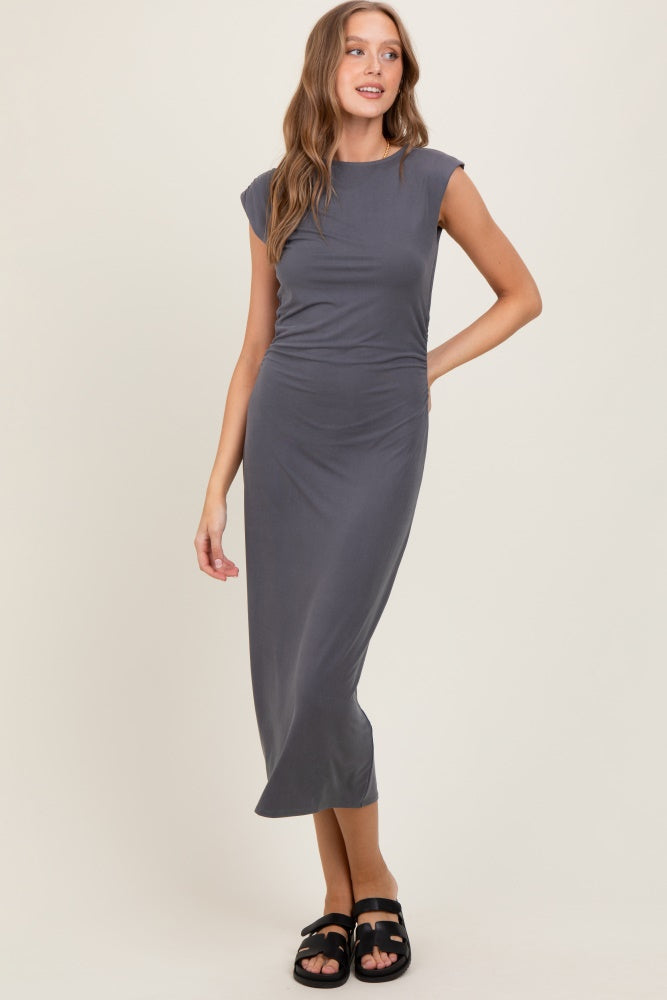 Charcoal Sleeveless Side Ruched Maternity Midi Dress