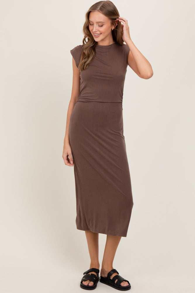 Brown Sleeveless Side Ruched Midi Dress