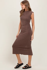 Brown Sleeveless Side Ruched Midi Dress