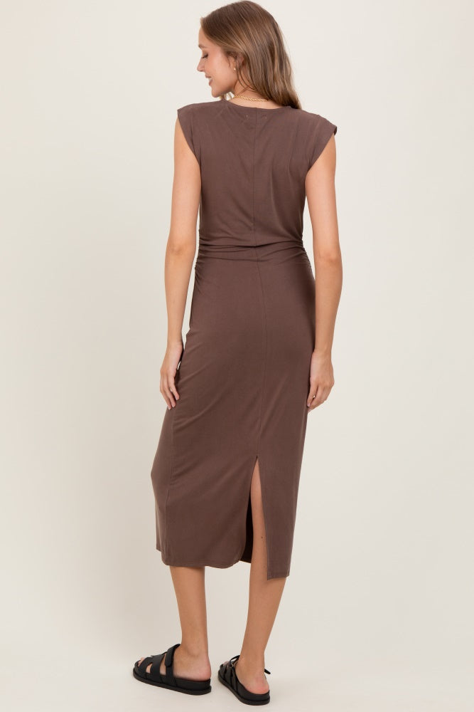 Brown Sleeveless Side Ruched Midi Dress