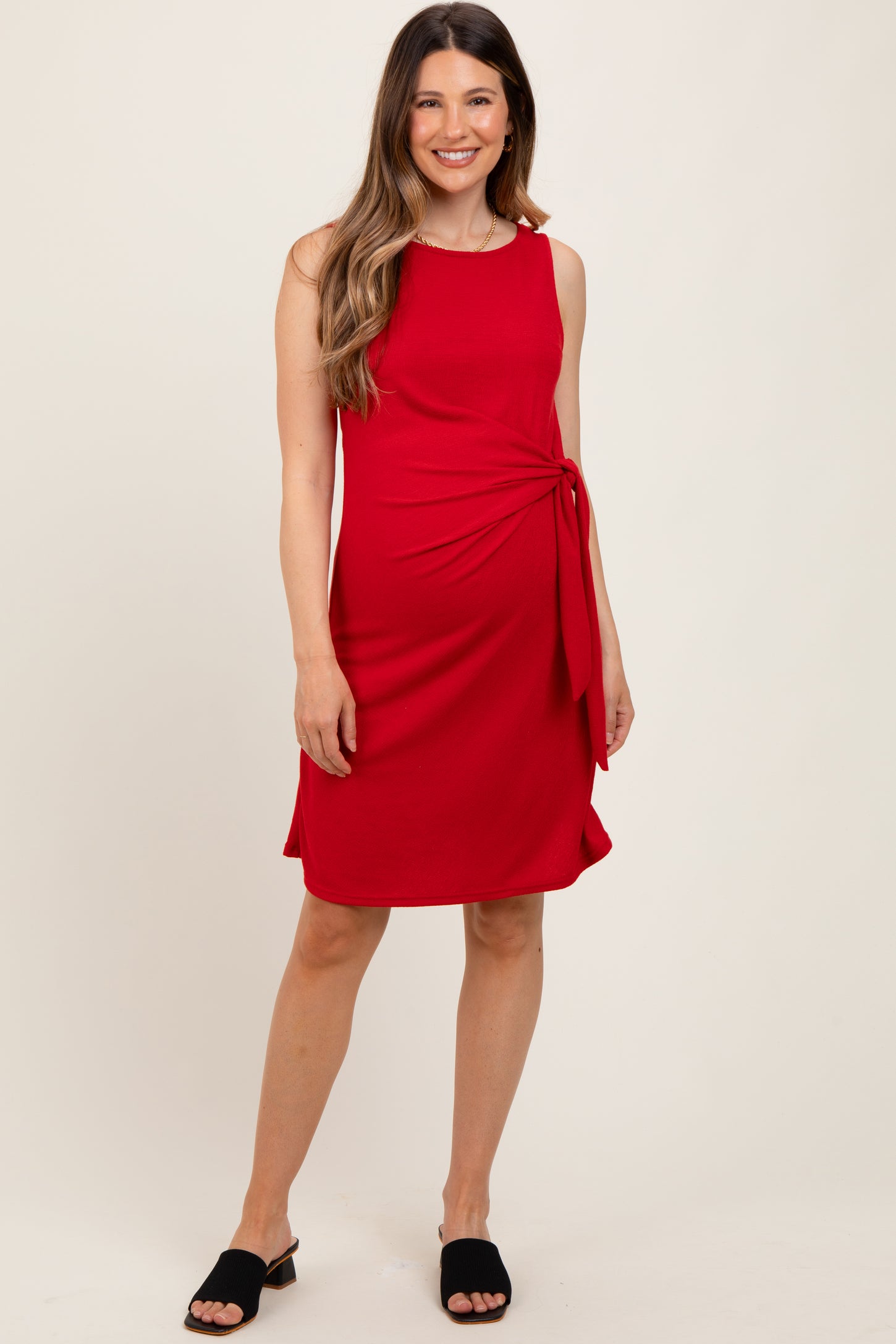 Red Boat Neck Sleeveless Side Tie Maternity Mini Dress