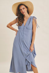 Blue Button-Down Polka Dot Shirred Bow Midi Dress