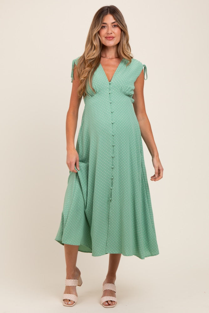 Green Button-Down Polka Dot Shirred Bow Maternity Midi Dress