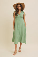 Green Button-Down Polka Dot Shirred Bow Midi Dress
