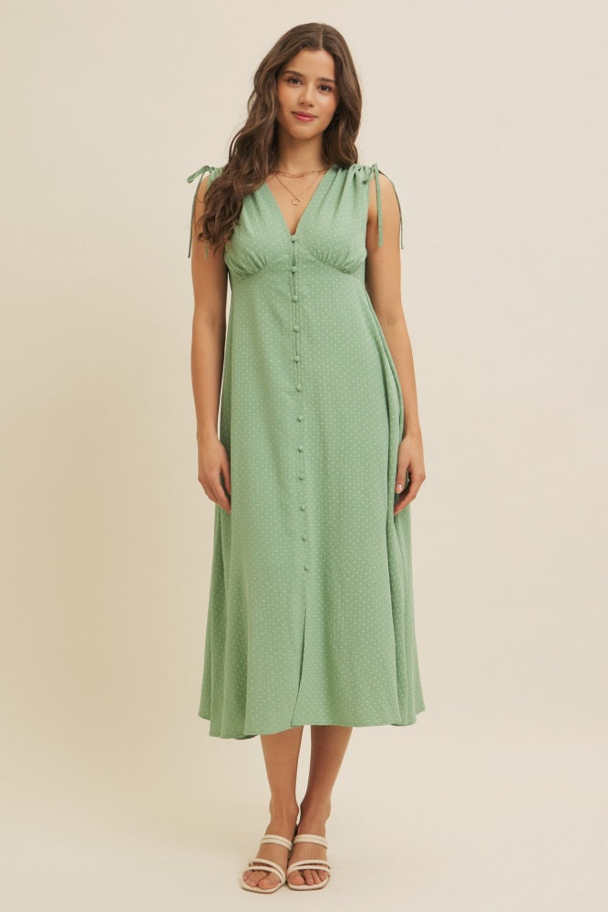 Green Button-Down Polka Dot Shirred Bow Midi Dress