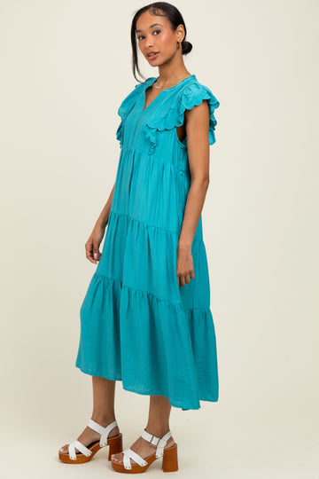 Aqua Ruffle Sleeve Tiered Midi Dress