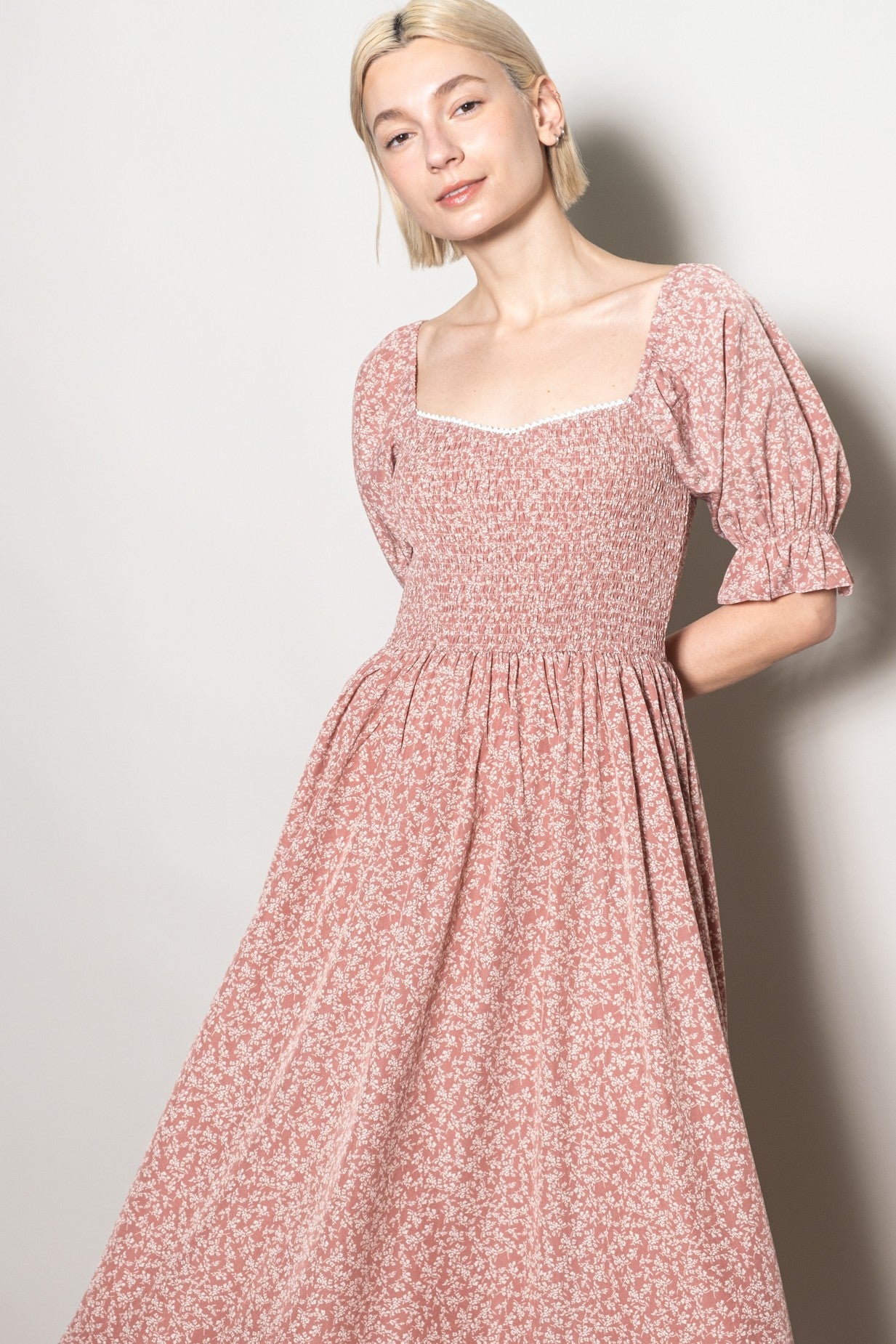 Mauve Floral Lace Trim Smocked Maxi Dress