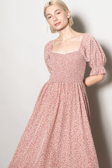 Mauve Floral Lace Trim Smocked Maxi Dress