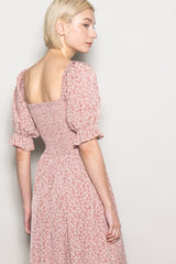 Mauve Floral Lace Trim Smocked Maxi Dress