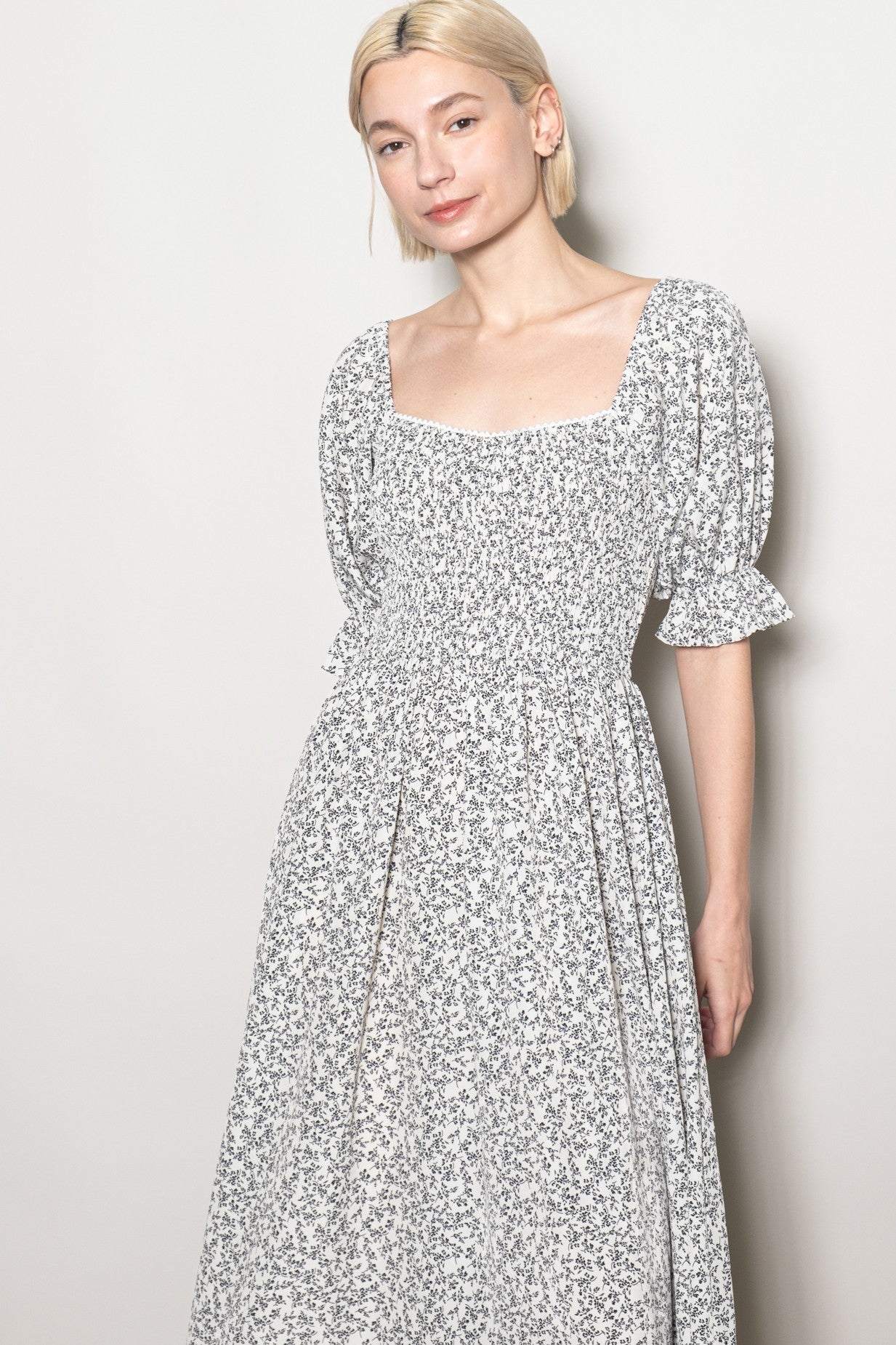 Ivory Floral Lace Trim Smocked Maxi Dress