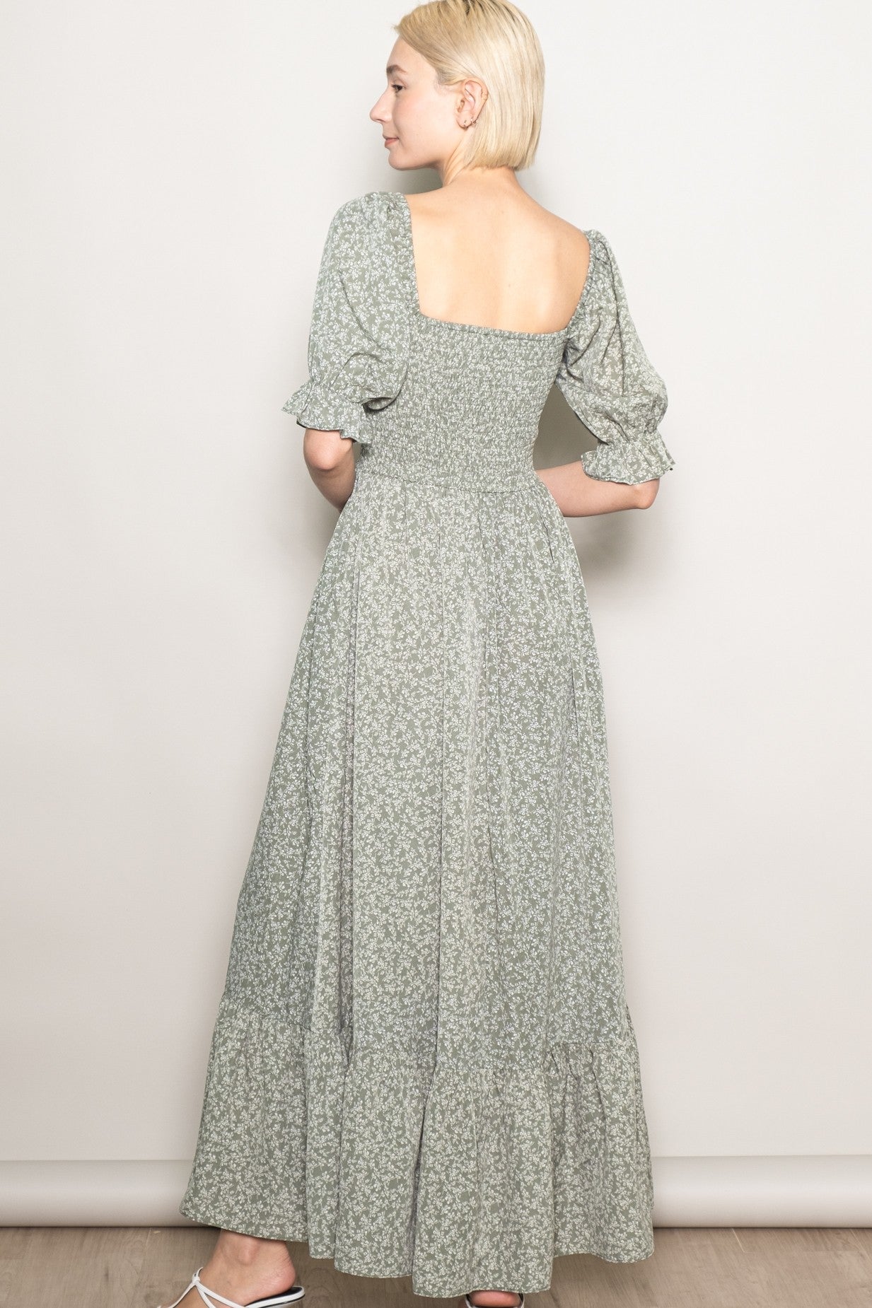 Light Olive Floral Lace Trim Smocked Maxi Dress