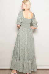 Light Olive Floral Lace Trim Smocked Maxi Dress