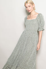 Light Olive Floral Lace Trim Smocked Maxi Dress