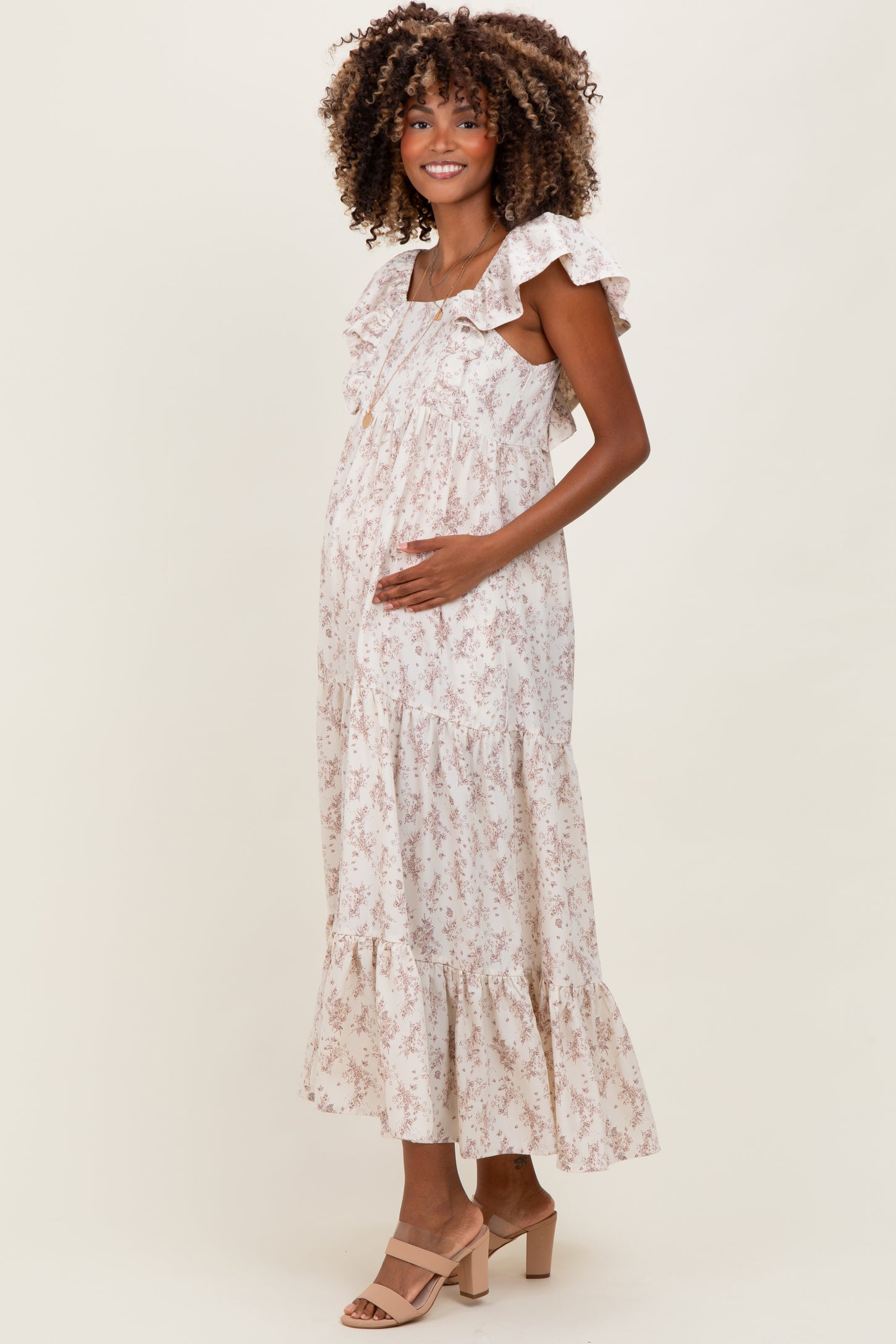 Ivory Floral Ruffle Sleeve Maternity Maxi Dress