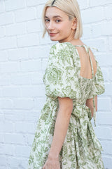 Olive Floral Smocked Puff Sleeve Dress