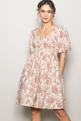 Rust Floral Smocked Puff Sleeve Maternity Dress