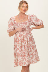 Rust Floral Smocked Puff Sleeve Maternity Dress