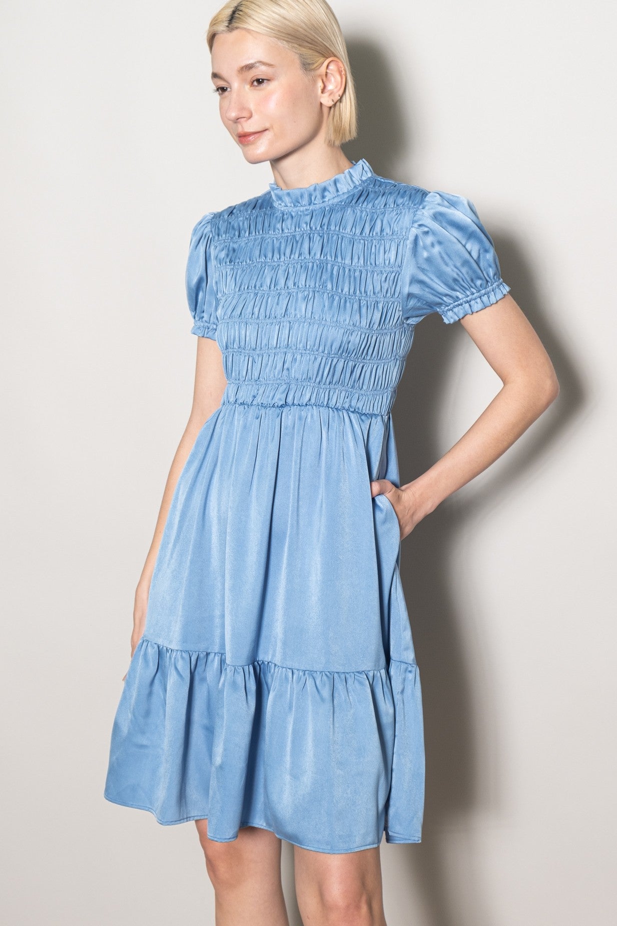 Light Blue Satin Smocked Mock Neck Dress