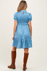 Light Blue Satin Smocked Mock Neck Maternity Dress