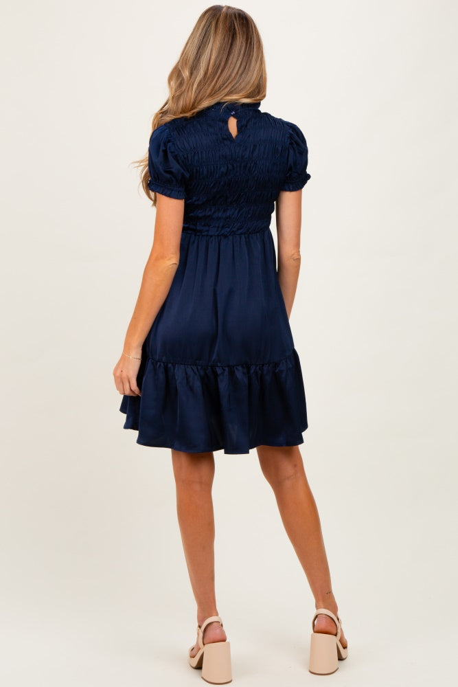 Navy Satin Smocked Mock Neck Maternity Dress