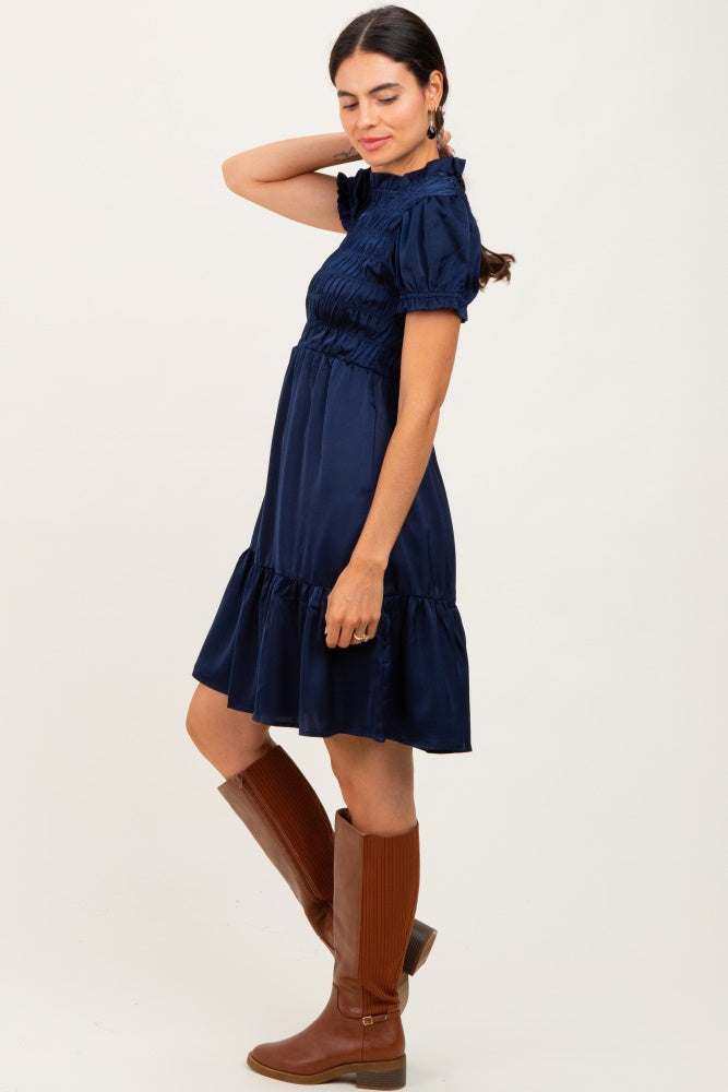 Navy Satin Smocked Mock Neck Dress