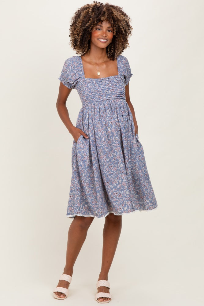 Blue Floral Pleated Bodice Puff Sleeve Maternity Dress