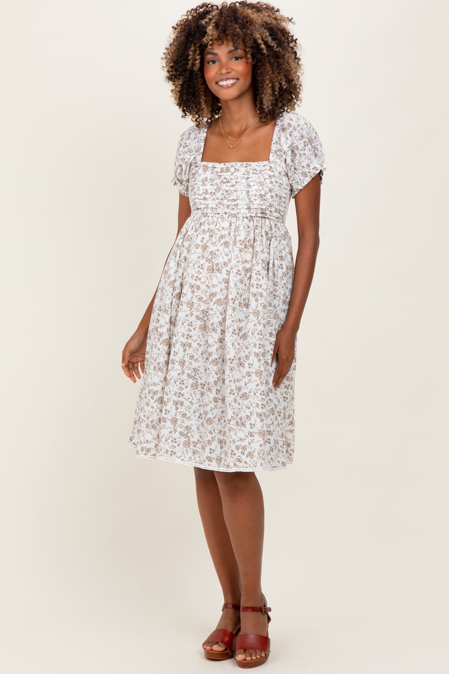 Ivory Floral Pleated Bodice Puff Sleeve Maternity Dress