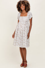 Ivory Floral Pleated Bodice Puff Sleeve Maternity Dress