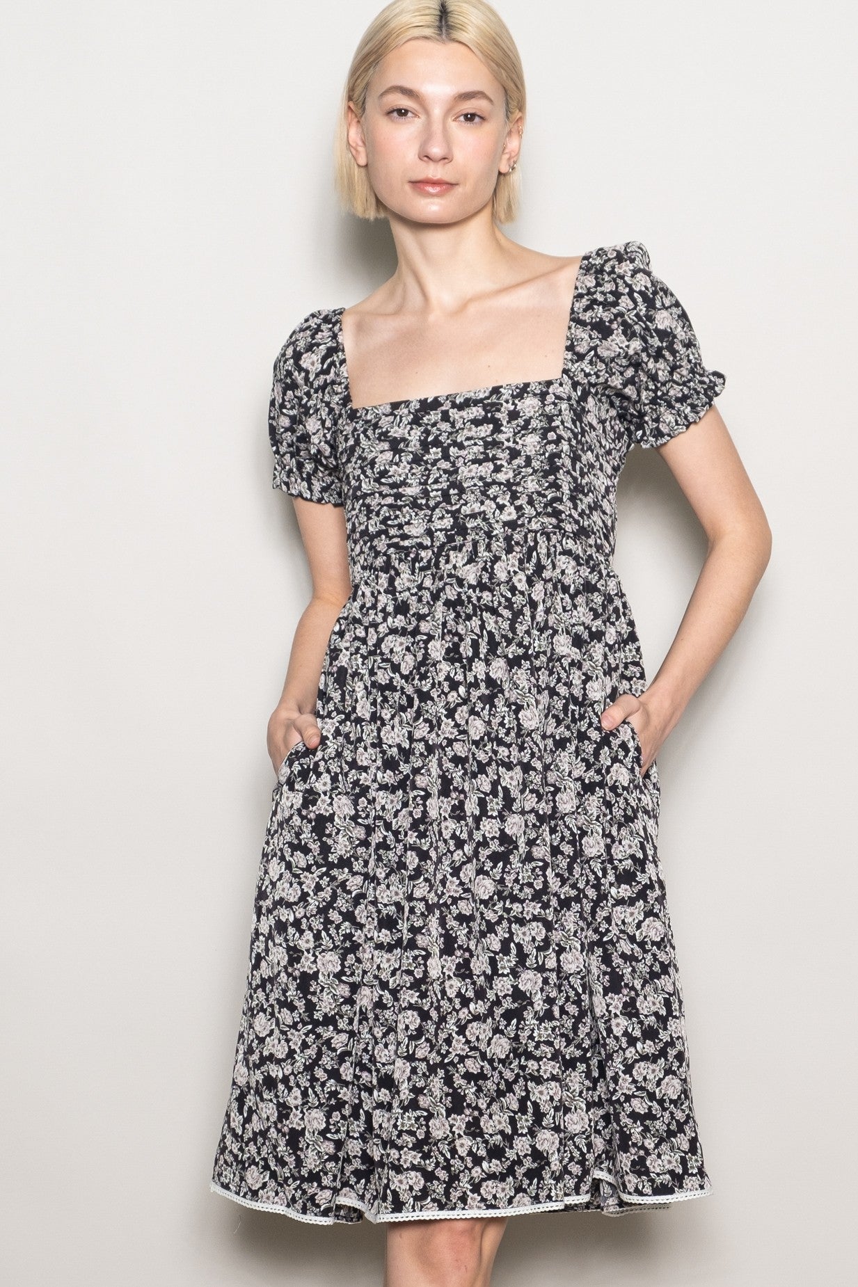 Black Floral Pleated Bodice Puff Sleeve Dress