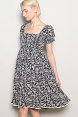 Black Floral Pleated Bodice Puff Sleeve Dress