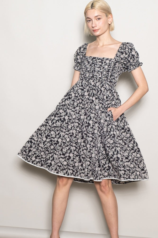 Black Floral Pleated Bodice Puff Sleeve Dress