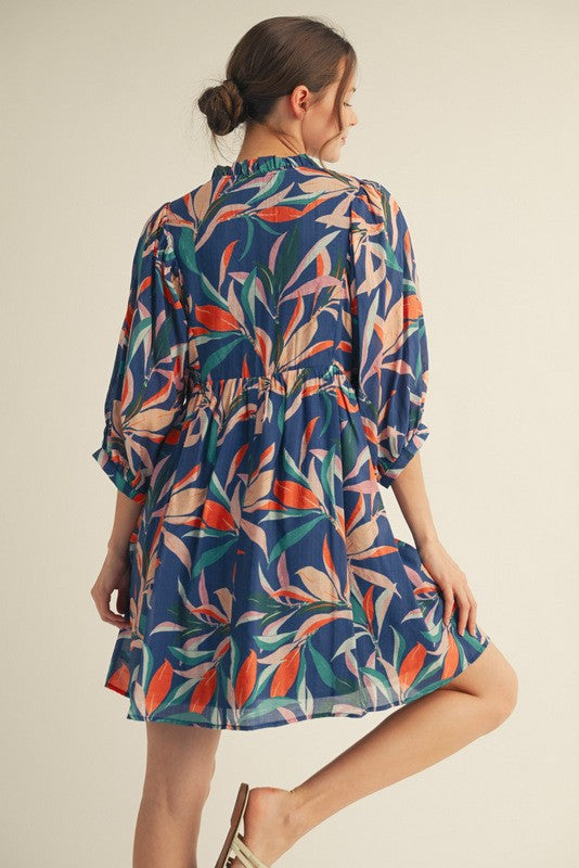Navy Leaf Print Front Tie 3/4 Sleeve Dress