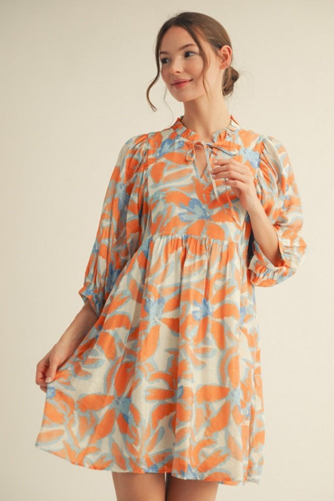 Orange Abstract Floral Front Tie 3/4 Sleeve Maternity Dress