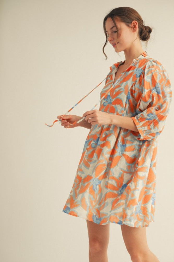 Orange Abstract Floral Front Tie 3/4 Sleeve Dress