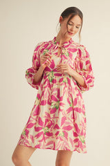 Fuchsia Abstract Floral Front Tie 3/4 Sleeve Dress