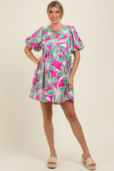 Fuchsia Floral Front Tie Puff Sleeve Maternity Dress